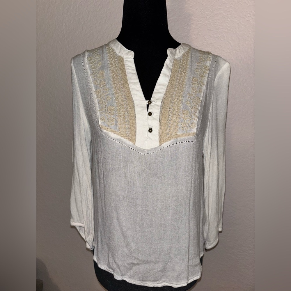 Forever 21 White and Tan Embroidered Blouse